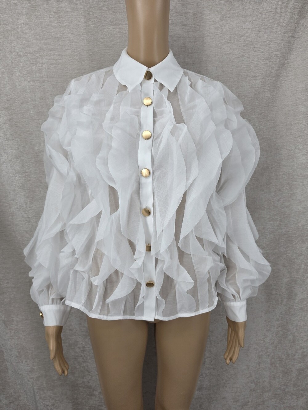Cache Women's White Ruffle Sheer Chiffon Button-Up Blouse Poet Pirate